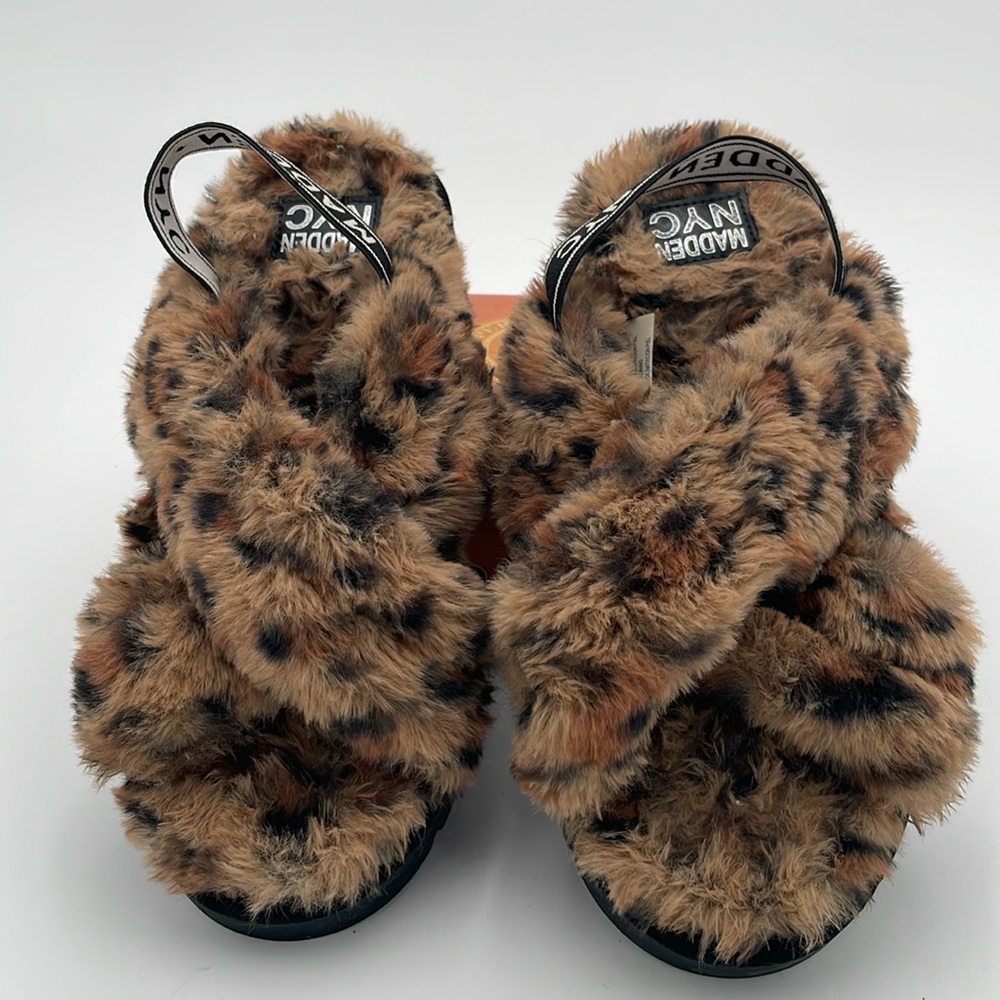 Steve Madden Leopard Faux-Fur Crisscross Slide Sandals - Brown/Black